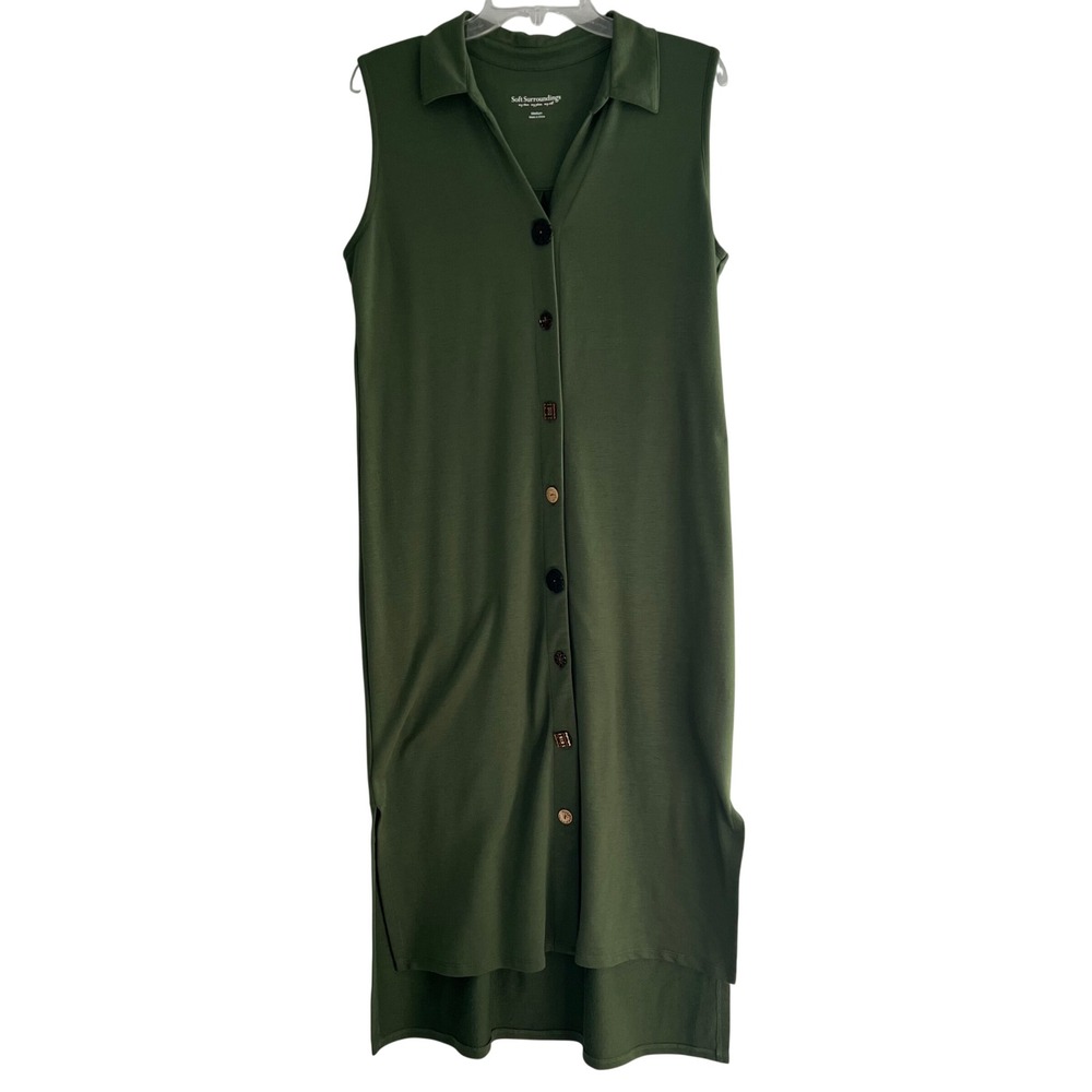 Soft‎ Surroundings Green Sleeveless Button Front Maxi Dress Medium Minimalist